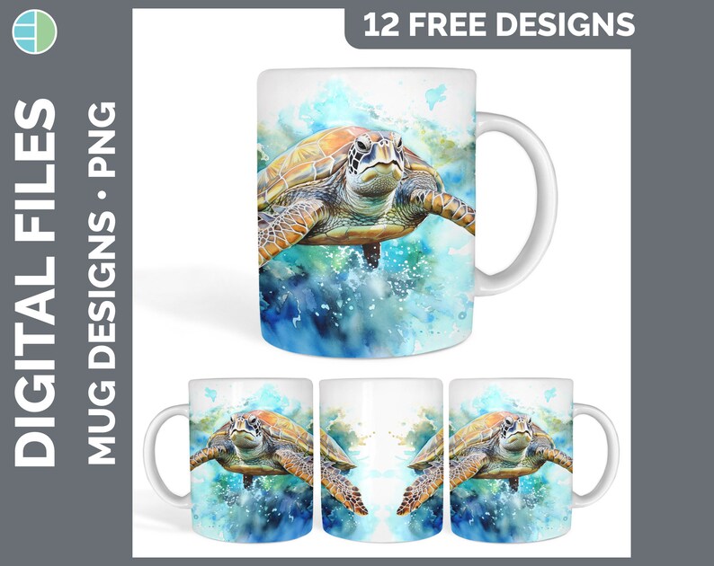 May include: A white ceramic mug with a watercolor design of a sea turtle swimming in blue water. The turtle is brown and green with a light brown shell. The design is surrounded by blue and white watercolor splatters.
