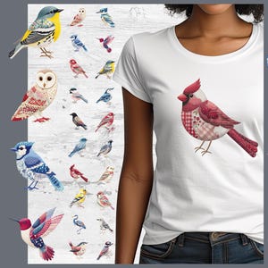 May include: White t-shirt featuring a red cardinal bird design with a patchwork pattern. The image also includes a collection of 20 bird clipart PNGs and decorative bows and a star.