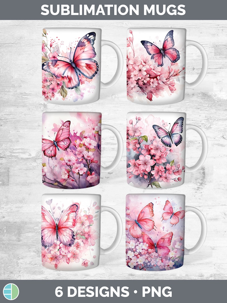 Pu&ograve; includere: Sei design di tazze da sublimazione con farfalle rosa e fiori di ciliegio rosa su uno sfondo bianco. Le tazze sono tutte della stessa dimensione e forma, e sono tutte pronte per essere stampate con il tuo design.