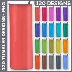 May include: 120 Designs Tumbler Mockups in various colors. The tumblers are stainless steel and have a matte finish. The tumblers are arranged in rows of four, with each row featuring a different color.