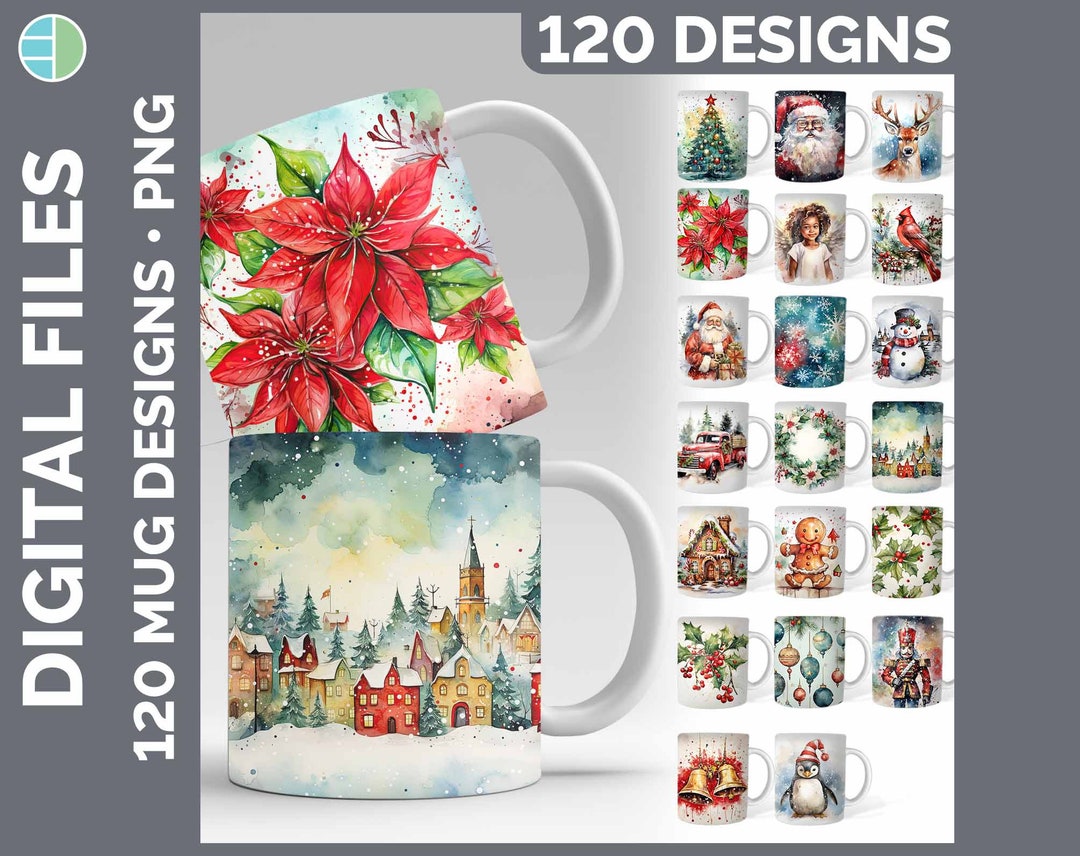 Christmas Mug Wrap PNG | Watercolor Sublimation Designs (120 Bundle ...