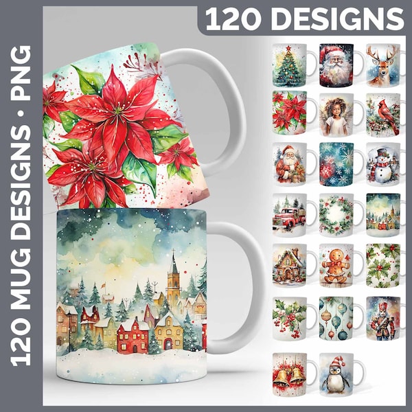 120 Ornement de Noël Mug Wrap PNG Meilleures ventes Sublimation Designs Mega Bundle | Tasse à café aquarelle ÉNORME Bundle Télécharger