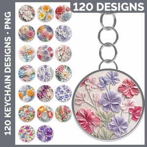 May include: 120 floral designs for keychains. The image shows a silver keychain with a round charm featuring a colorful floral pattern. The charm is surrounded by 20 smaller circles, each with a different floral design.