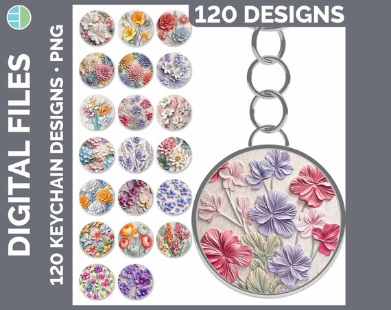 3D Flower Keychain PNG Bundle, 120 Floral Sublimation Designs, Dahlia Lavender Orchid Digital Download, Flower Lover Key Ring Mega Bundle