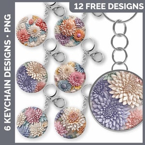 May include: Twelve free designs for keychains featuring colorful floral patterns. The designs feature a variety of flowers, including pink, purple, and white. The keychains are made of metal and have a silver finish.