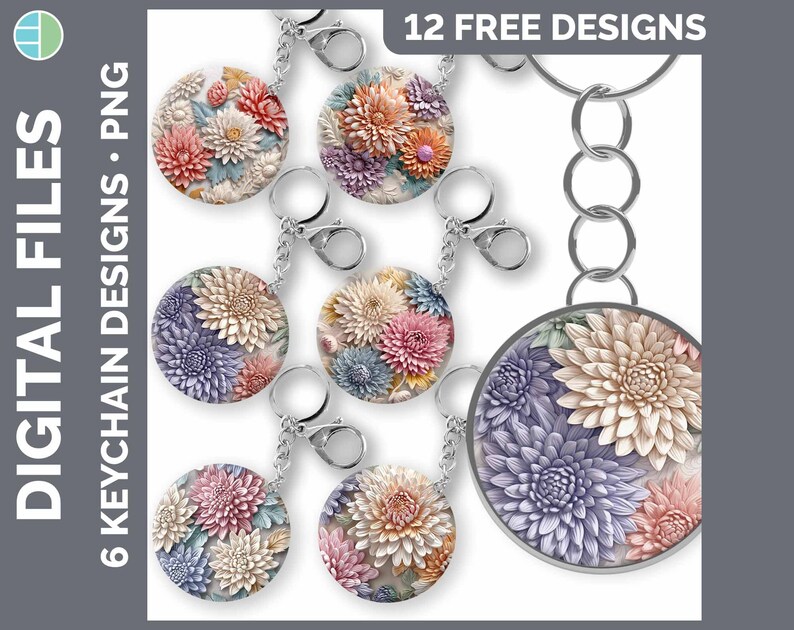 May include: Twelve free designs for keychains featuring colorful floral patterns. The designs feature a variety of flowers, including pink, purple, and white. The keychains are made of metal and have a silver finish.
