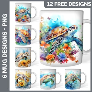 Watercolor Sea Turtle Mug Sublimation Backgrounds PNG Designs, Sunflower Mug Background, Butterflies Instant Download PNG