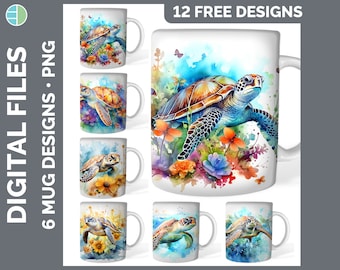 Watercolor Sea Turtle Mug Sublimation Backgrounds PNG Designs, Sunflower Mug Background, Butterflies Instant Download PNG