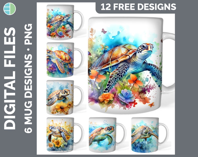 May include: Twelve free designs for sublimation mugs featuring watercolor illustrations of sea turtles with flowers and ocean waves. The designs are perfect for creating personalized mugs for yourself or as gifts.