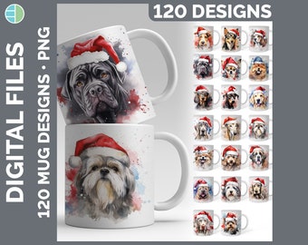 Christmas Dog Mug Wrap PNG Bundle, 120 Santa Hat Dog Breed Sublimation Designs, Dachshund Golden Retriever Download, Dog Lover Christmas Mug