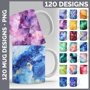 May include: A digital collection of 120 mug designs featuring abstract alcohol ink patterns in various colors including purple, blue, green, yellow, and red. The image displays two stacked mugs with marble-like textures and a grid of smaller mug previews.