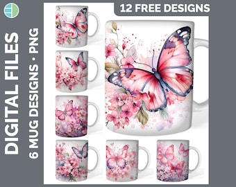 Pink Butterfly Mug Wrap PNG Sublimation Design Bundle | Watercolor Coffee Cup Instant Download