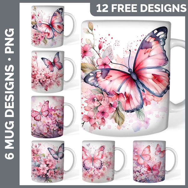 Pink Butterfly Mug Wrap PNG Sublimation Design Bundle | Watercolor Coffee Cup Instant Download