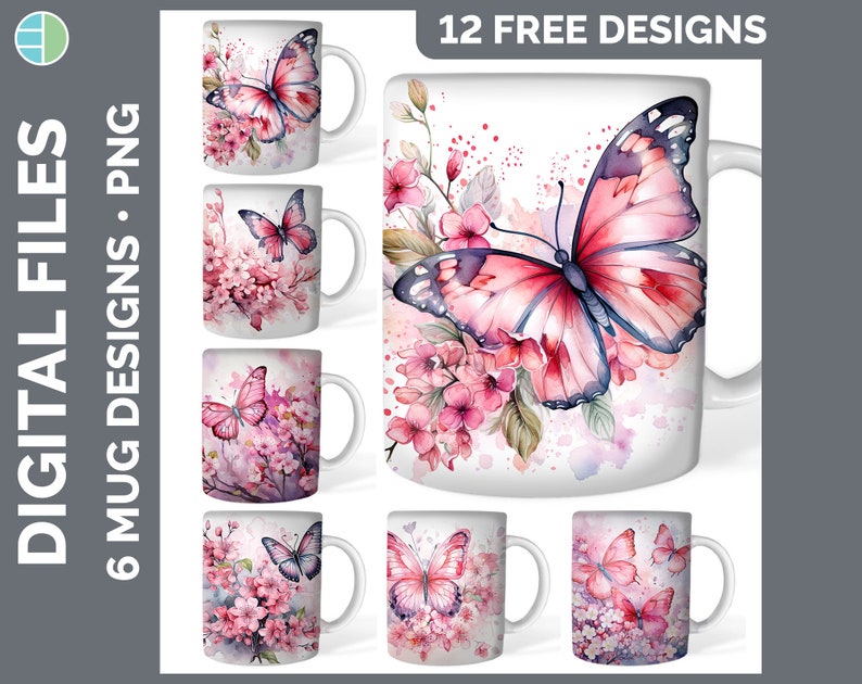 Pu&ograve; includere: Dodici design gratuiti per tazze da sublimazione con farfalle rosa e fiori ad acquerello. I design sono perfetti per creare regali personalizzati o per i tuoi progetti di artigianato.