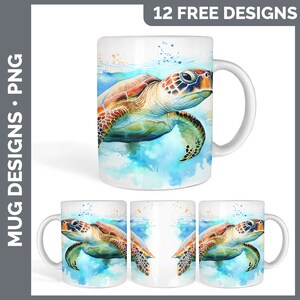 May include: A white ceramic mug with a watercolor design of a sea turtle swimming in blue water. The turtle has a brown shell with orange accents and is surrounded by blue and green watercolor washes.