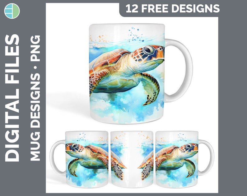 May include: A white ceramic mug with a watercolor design of a sea turtle swimming in blue water. The turtle has a brown shell with orange accents and is surrounded by blue and green watercolor washes.