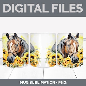 May include: A sublimation design featuring a brown horse with a white stripe on its face, surrounded by yellow sunflowers. The design is on a white mug with a handle.
