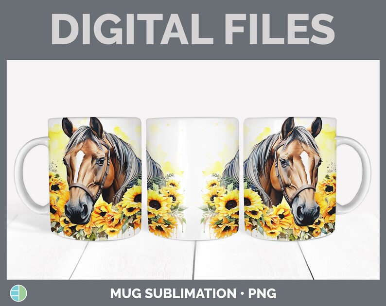 May include: A sublimation design featuring a brown horse with a white stripe on its face, surrounded by yellow sunflowers. The design is on a white mug with a handle.