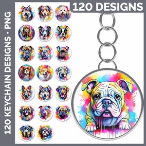May include: 120 colorful dog breed designs for keychain sublimation. Each design features a different dog breed with a watercolor effect. The designs are perfect for creating unique and personalized keychains.