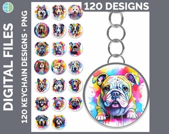 Watercolor Rainbow Dogs Keychain PNG Sublimation Designs Mega Bundle | Key Ring Backgrounds HUGE Bundle Download