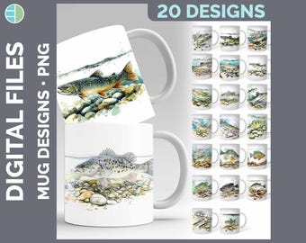 Puede incluir: Tazas de cerámica blanca con ilustraciones de acuarela de peces en su hábitat natural. Las tazas presentan varias especies de peces, incluyendo una trucha y un róbalo, con lechos de ríos rocosos. La imagen también muestra el texto "DIGITAL FILES MUG DESIGNS • PNG" y "20 DESIGNS".