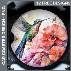 May include: A watercolor painting of a hummingbird with green, blue, and red feathers, perched on a branch with pink and red flowers. The background is a soft watercolor wash of pink and blue.