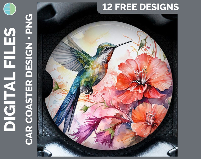 May include: A watercolor painting of a hummingbird with green, blue, and red feathers, perched on a branch with pink and red flowers. The background is a soft watercolor wash of pink and blue.