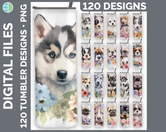 Watercolor Floral Dogs Tumbler Mega Bundle | Style Set 2 of 4 | Floral Digital Download PNG | 120 Sublimation Designs | Dog Tumbler Wraps