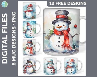 May include: Twelve free designs for sublimation mugs featuring watercolor illustrations of snowmen in various poses and settings. The designs include snowmen wearing hats, scarves, and holding holly.