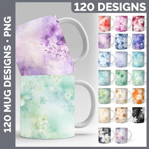 Blommig muggomslag PNG-paket, 120 akvarellkaffekoppsublimeringsdesigner, digital nedladdning av regnbågsblommor, megapaket med mugg