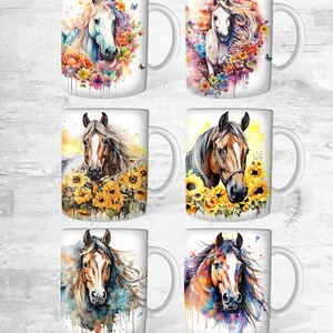 May include: Six sublimation mug designs featuring watercolor paintings of horses. The designs include a white horse with flowers, a brown horse with sunflowers, and a brown horse with colorful splashes.