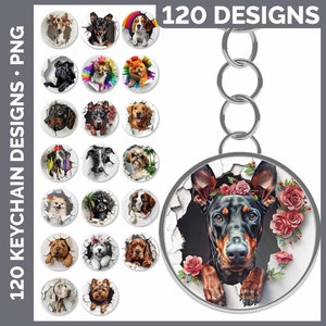 May include: 120 Designs Keychain Digital Files. A set of 120 digital files for creating keychains featuring various dog breeds. The image shows a Doberman Pinscher with a floral crown, peeking through a cracked white surface. The keychain is silver with a circular design.