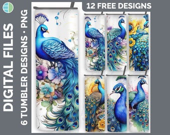 Watercolor Peacock Tumbler Wrap PNG Sublimation Design Bundle | Sunflower 20 oz Skinny Tumbler Instant Download