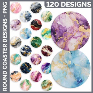 Könnte beinhalten: 120 digitale Designs für runde Untersetzer. Die Designs zeigen abstrakte Marmor-Muster in verschiedenen Farben, darunter Lila, Blau, Grün und Pink, mit goldenen Akzenten.