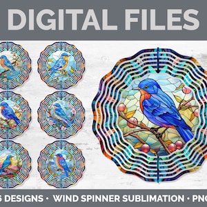 May include: Six digital designs of a stained glass bluebird wind spinner. The designs feature a bluebird perched on a branch with pink blossoms and green leaves. The wind spinner is made up of multiple layers of circles, creating a 3D effect. The designs are perfect for sublimation projects.