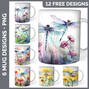 May include: Six different designs for sublimation mugs featuring watercolor illustrations of dragonflies and flowers.  The designs include a dragonfly with pink flowers, a dragonfly with yellow sunflowers, and a dragonfly with purple flowers.