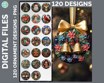 May include: Digital files featuring 120 ornament designs in PNG format. The image showcases a variety of Christmas-themed ornaments with detailed illustrations, including Santa Claus, angels, and festive floral arrangements. A large ornament with gold bells and a bow is also featured.