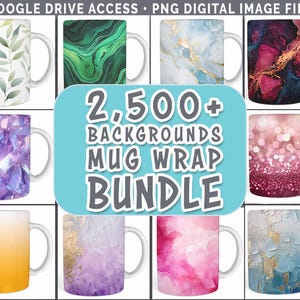 Könnte beinhalten: Eine Sammlung von Keramikbechern mit verschiedenen Designs, darunter Blättermuster, Marmortexturen und abstrakte Kunst. Die Becher sind weiß mit farbenfrohen Rundum-Designs. Der Text auf dem Bild lautet "2,500+ BACKGROUNDS MUG WRAP BUNDLE".