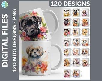 Floral Dog Mug Wrap PNG Bundle, 120 Watercolor Breed Sublimation Designs, Golden Retriever Dachshund Digital Download, Dog Lover Mega Bundle
