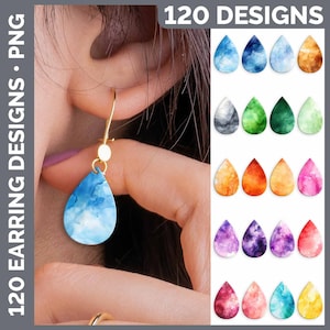 May include: 120 watercolor earring designs in various colors, including blue, green, orange, purple, pink, and yellow. The designs are in the shape of a teardrop.
