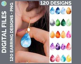 Watercolor Earring PNG Bundle, 120 Teardrop Sublimation Designs, Rainbow Color Earring Digital Download, Earring Mega Bundle