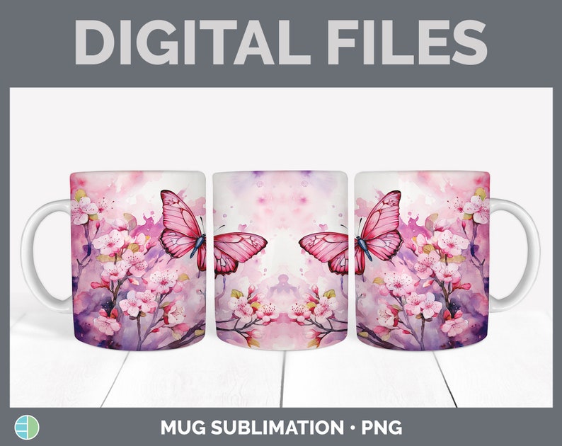 Pu&ograve; includere: Tre tazze bianche con un design di farfalla rosa e fiori di ciliegio rosa. Le tazze sono per la sublimazione.