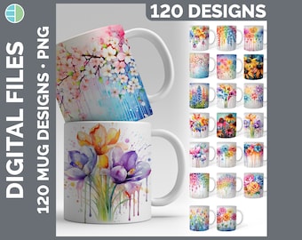 Rainbow Flowers Mug Wrap Sublimation | Style Set 3 of 3 | Floral Instant Digital Download PNG | 120 Dripping Watercolor Coffee Cup Designs