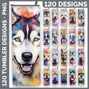 May include: A set of 120 digital designs featuring watercolour illustrations of various dog breeds. Each design features a different dog breed with a colourful watercolour background. The designs are perfect for creating custom tumblers, mugs, and other personalised items.