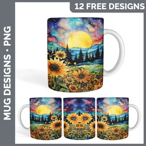 K&ouml;nnte beinhalten: Ein Set mit drei Sublimationsdesigns, die eine Aquarellmalerei eines Vollmonds, Bergen und Sonnenblumen zeigen. Die Designs sind perfekt f&uuml;r die Erstellung von Tassen, T-Shirts oder anderen personalisierten Artikeln.