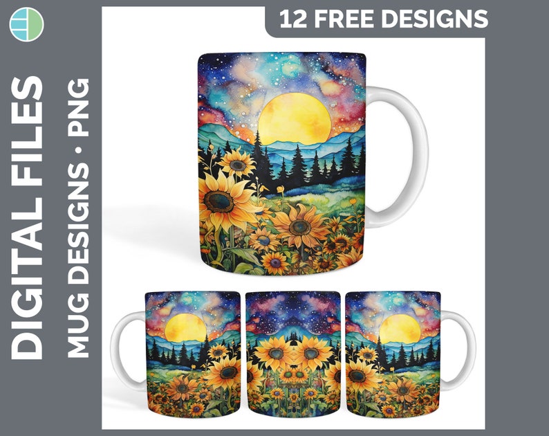 K&ouml;nnte beinhalten: Ein Set mit drei Sublimationsdesigns, die eine Aquarellmalerei eines Vollmonds, Bergen und Sonnenblumen zeigen. Die Designs sind perfekt f&uuml;r die Erstellung von Tassen, T-Shirts oder anderen personalisierten Artikeln.