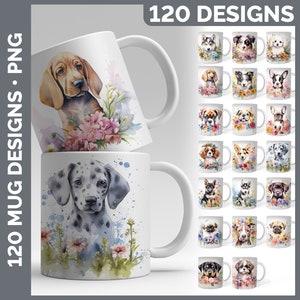 Watercolor Floral Dog Mug Mega Bundle Sublimation Download | Style Set 2 of 4 | Digital Download PNG | 120 Sublimate Designs | Dog Mug Wraps
