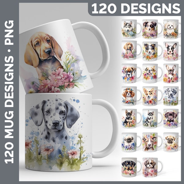 Watercolor Floral Dog Mug Mega Bundle Sublimation Download | Style Set 2 of 4 | Digital Download PNG | 120 Sublimate Designs | Dog Mug Wraps