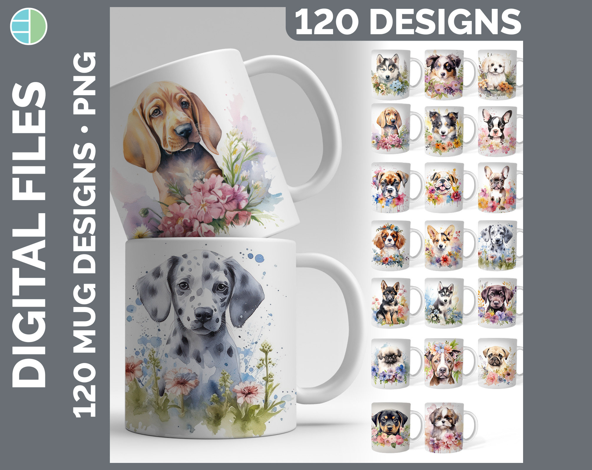 Watercolor Floral Dog Mug Mega Bundle Sublimation Download | Style Set 2 of 4 | Digital Download PNG | 120 Sublimate Designs | Dog Mug Wraps