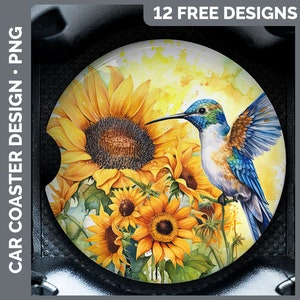 May include: A round car coaster featuring a watercolor painting of a hummingbird with blue and green feathers hovering over a cluster of yellow sunflowers. The background is a soft yellow with watercolor splatters.